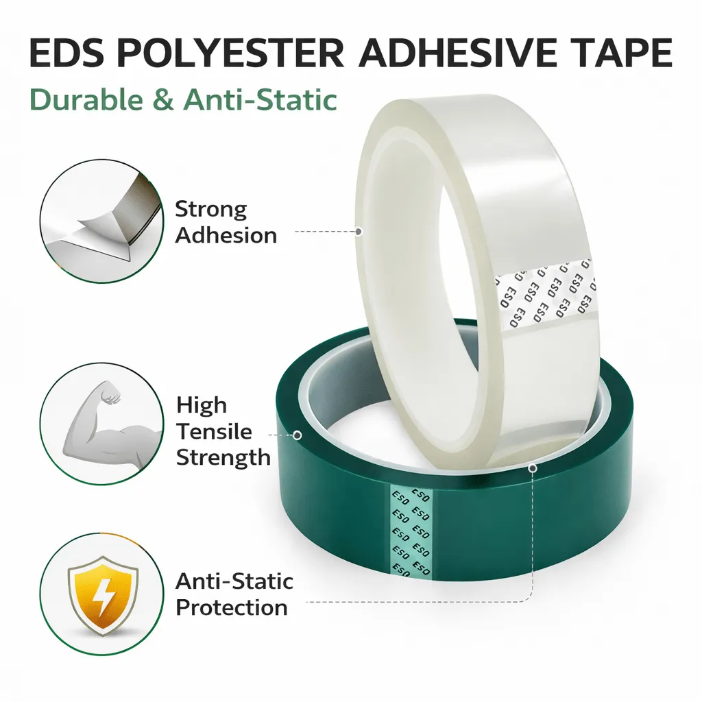 PET anti static tape for electronics, PCB processes, and ESD-sensitive components. Stable adhesion, clean handling, and custom converting support.